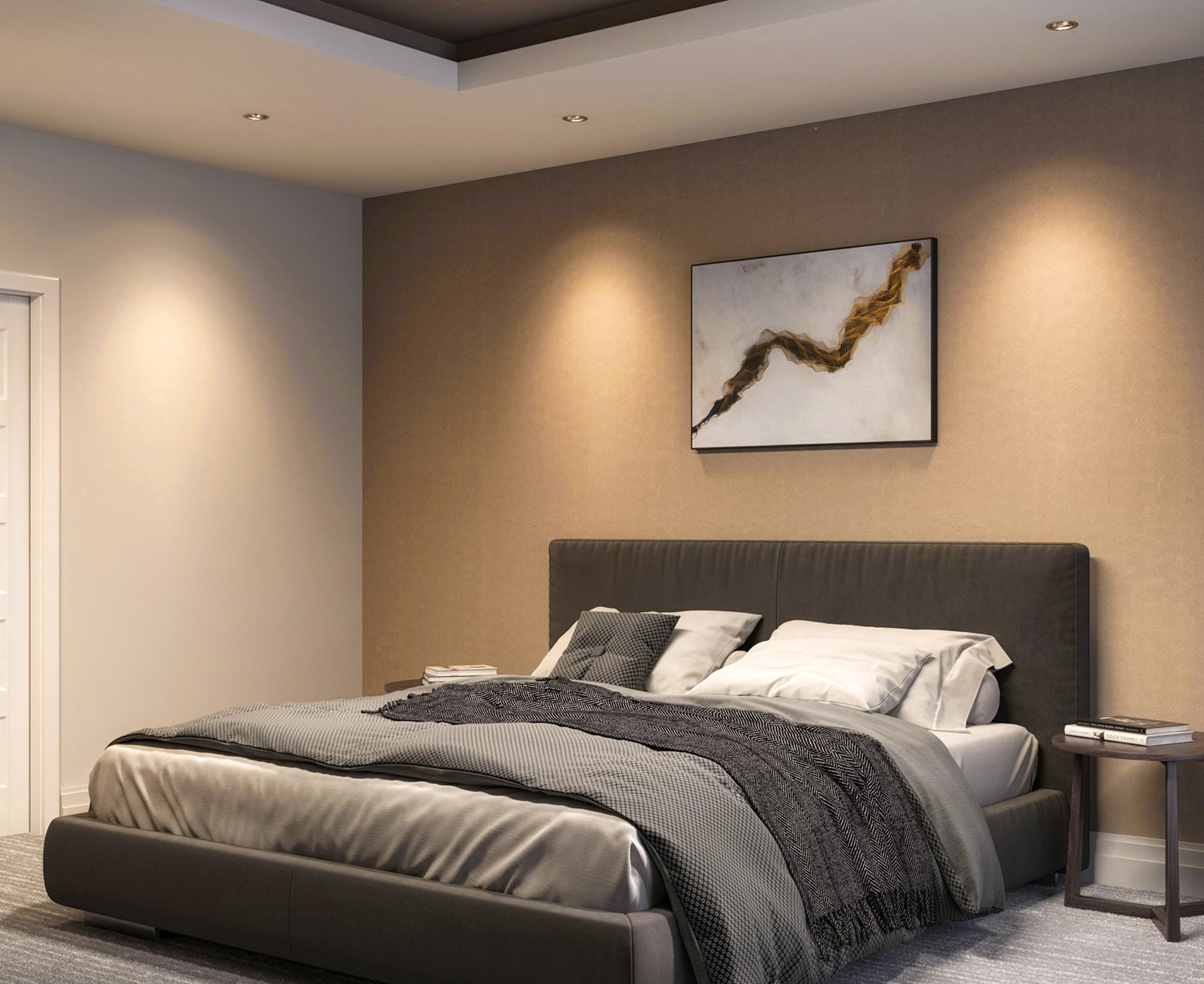 Sfeerverlichting met warm licht van 3000K in moderne slaapkamer met inbouwspots