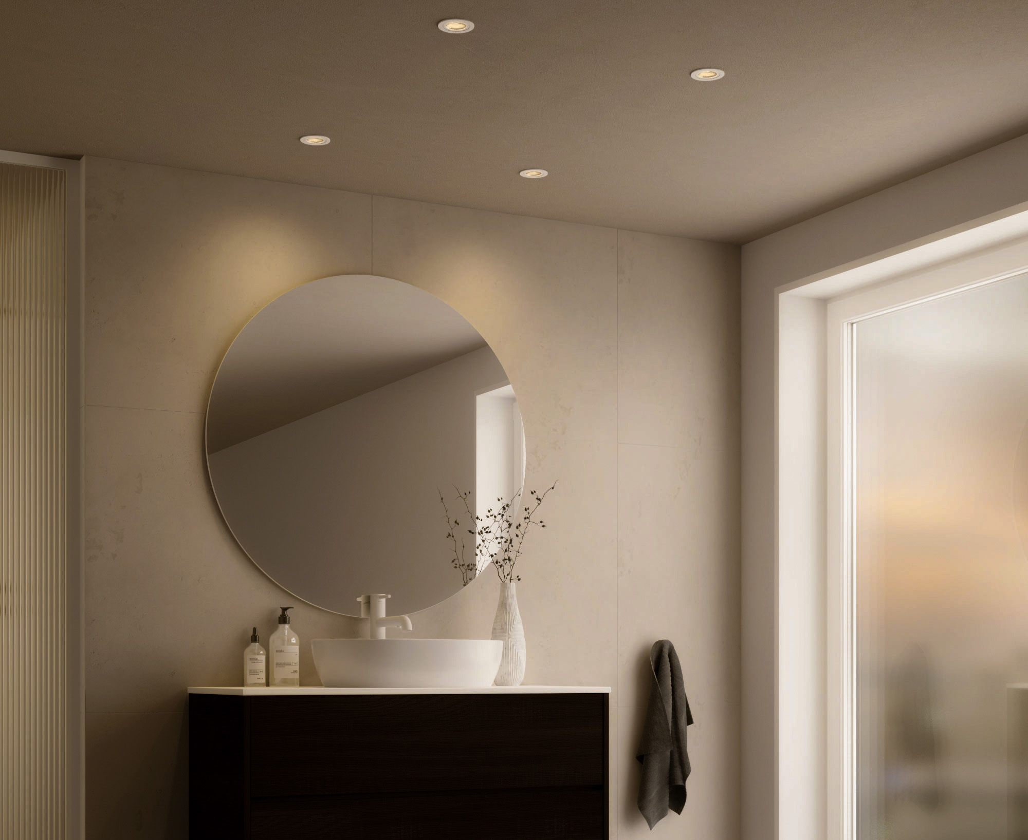 Vivaro-Bathroom.jpg, badkamer, waskom, ronde spiegel, natuurkleuren, trekken