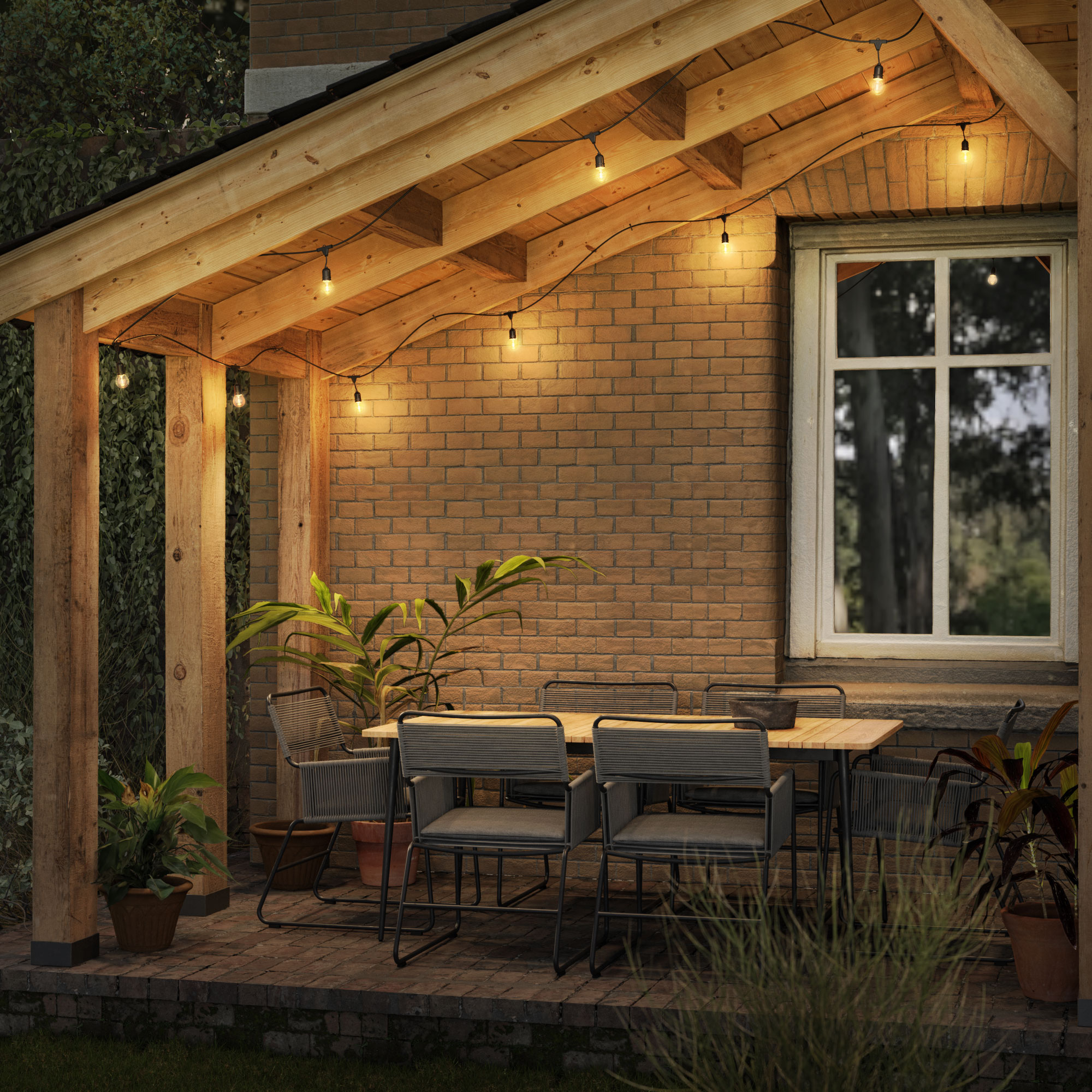 Sfeerverlichting met warm licht van 2200K onder een houten overkapping