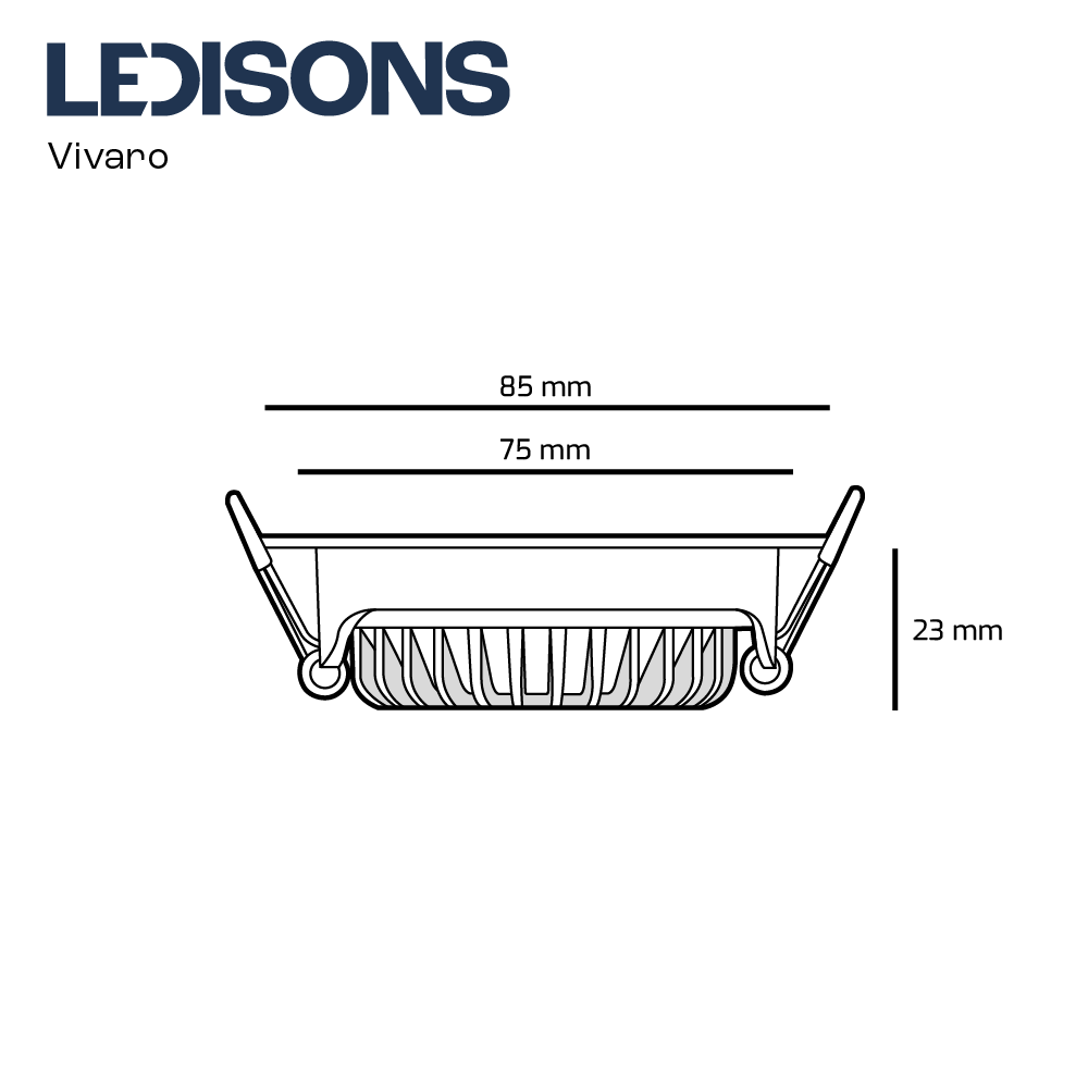 Technische Zeichnung des LED-Einbauspots Vivaro mit sehr geringer Einbautiefe von 23 mm, 85 mm Durchmesser und 75 mm Deckenausschnitt