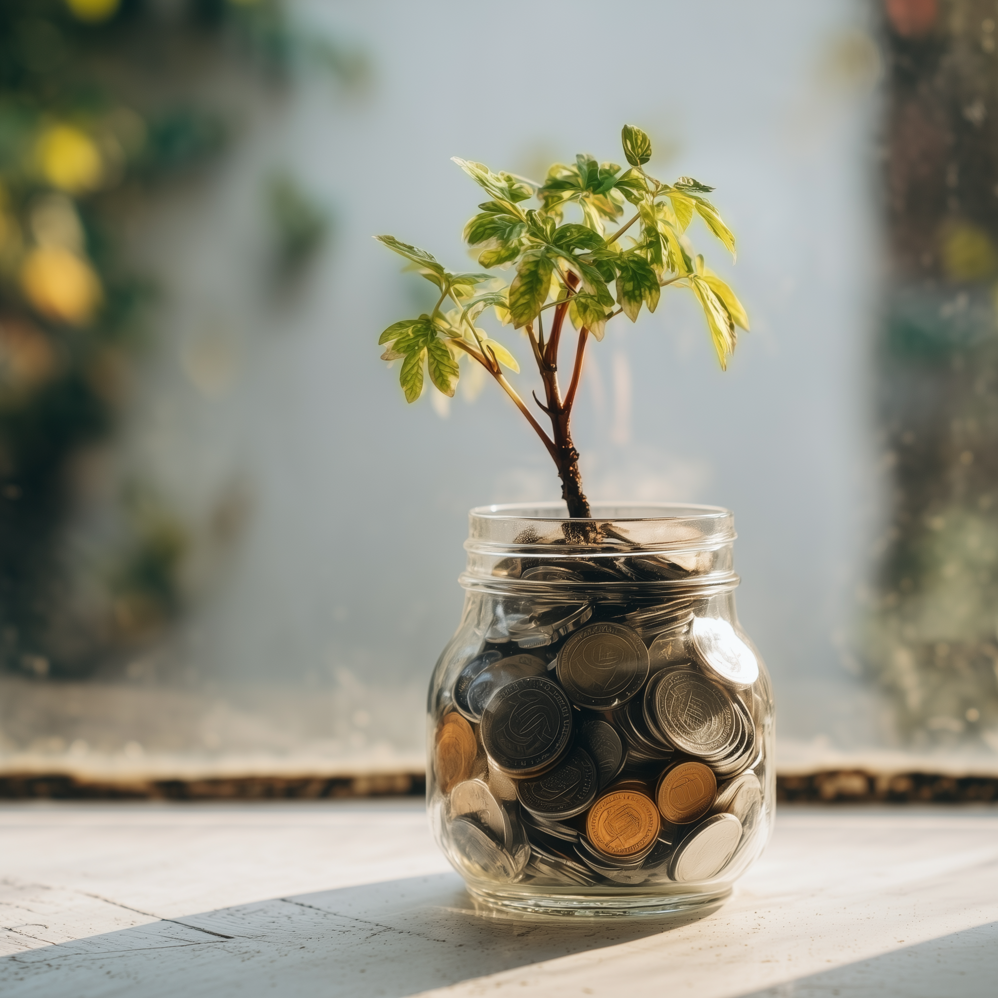 Groene plant die groeit uit een pot gevuld met muntstukken, symbool voor duurzame energie en besparing met LED-verlichting
